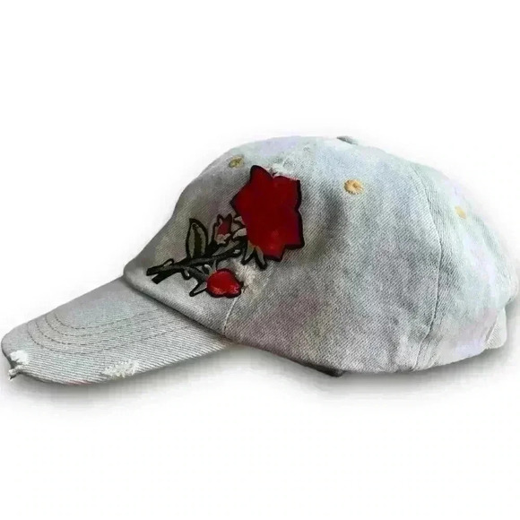 Denim Distressed Womens Washed Denim David & Young Baseball Cap Rose Embroidered - Picture 7 of 11